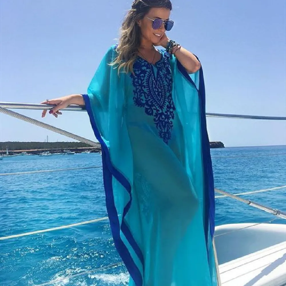 2021 Plus Size Blue Embroidered Summer Beachwear Chiffon Kaftan Beach Woman Tunic Bath Dress Robe plage Swim Wear Cover Up #Q746
2021 Plus Size Blue Embroidered Summer Beachwear Chiffon Kaftan Beach Woman Tunic Bath Dress Robe plage Swim Wear Cover Up #Q746