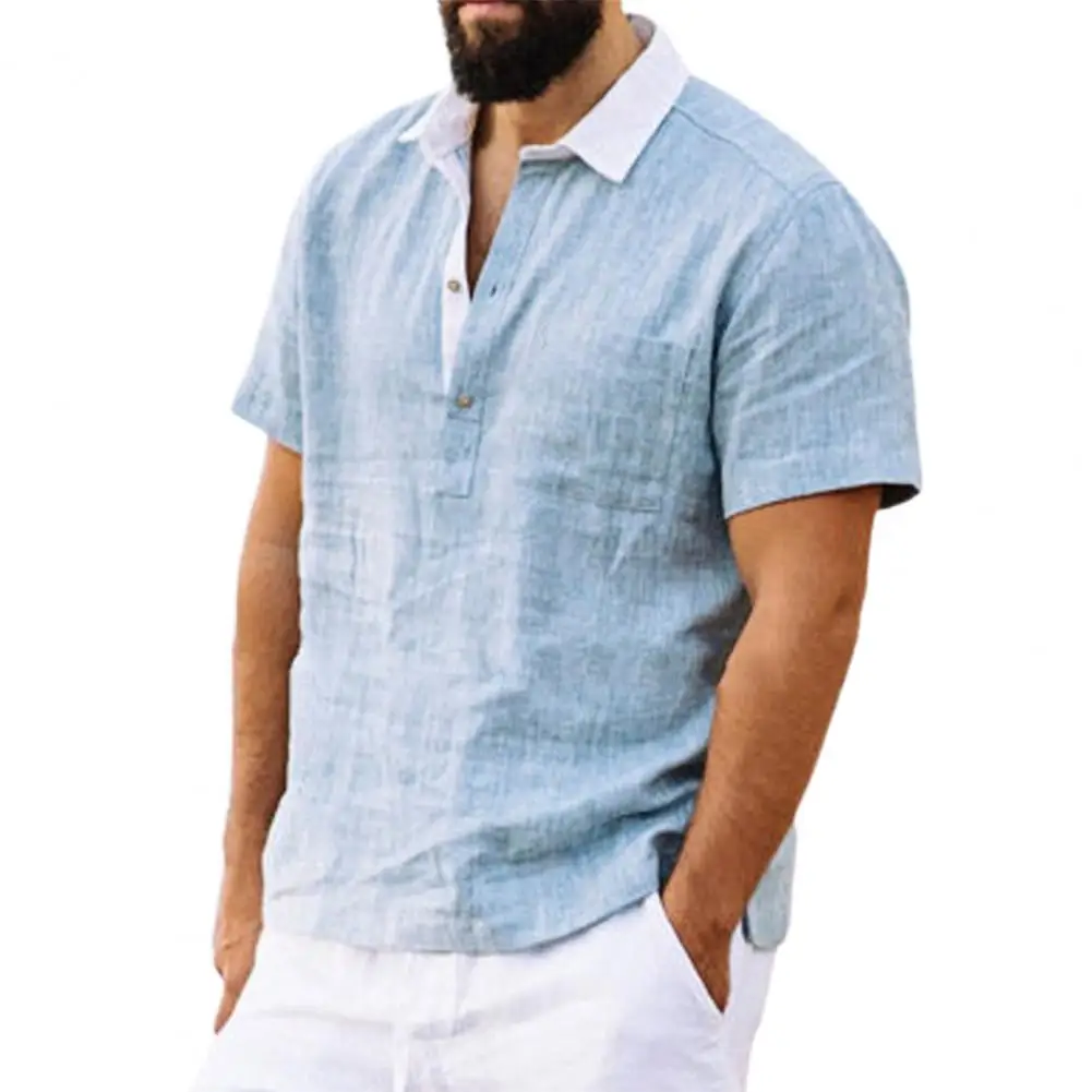 

2021 New Men's Casual Cotton Linen Men Shirt Turn-down Collar Sweat Absorbing Patchwork Buttons Closure Handsome Shirt Pullover
