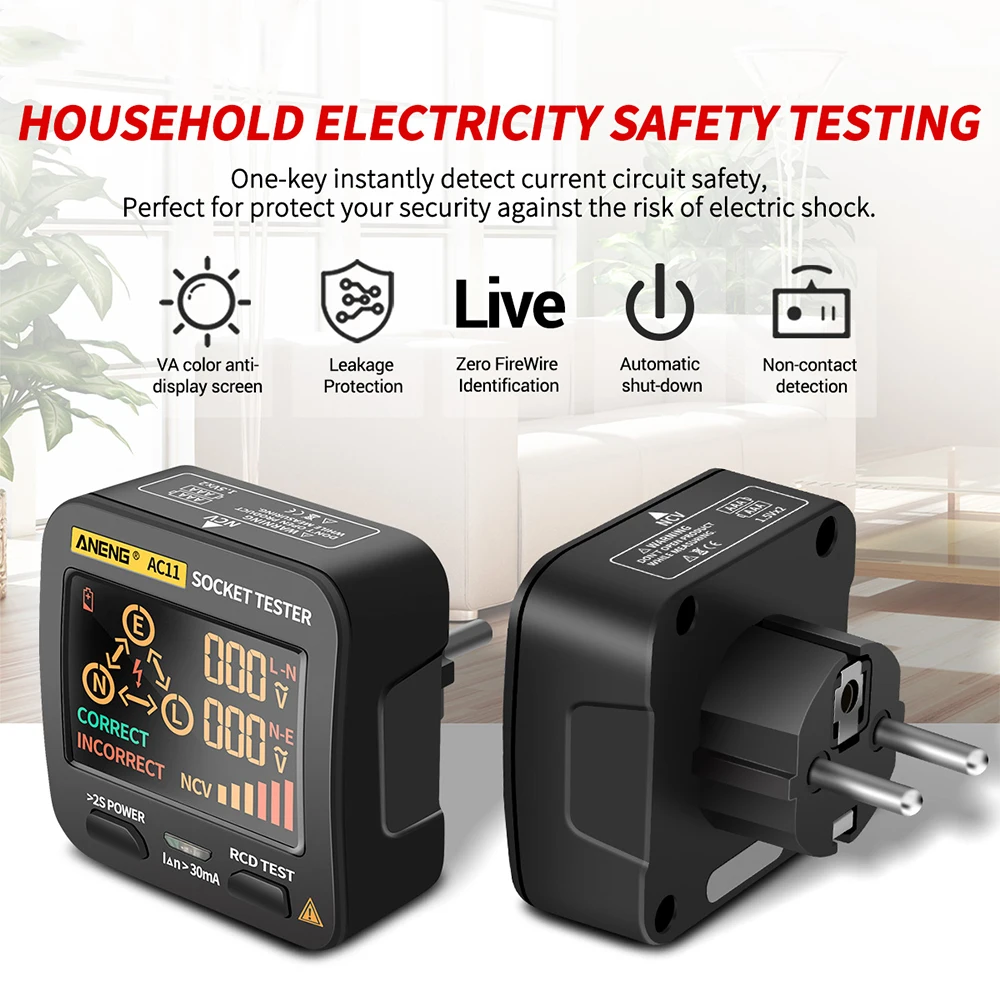 AC11 Digital Socket Tester Smart Voltage Detector RCD Test US/UK/EU/AU Plug Ground Zero Line Plug Polarity Phase Check
AC11 Digital Socket Tester Smart Voltage Detector RCD Test US/UK/EU/AU Plug Ground Zero Line Plug Polarity Phase Check