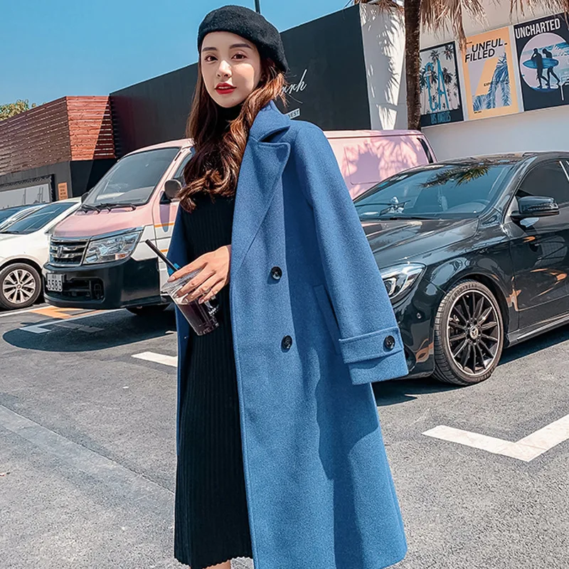 2020 autumn and winter woolen coat women's mid-length Korean style tide haze blue double-breasted woolen coat women 
2020 autumn and winter woolen coat women's mid-length Korean style tide haze blue double-breasted woolen coat women