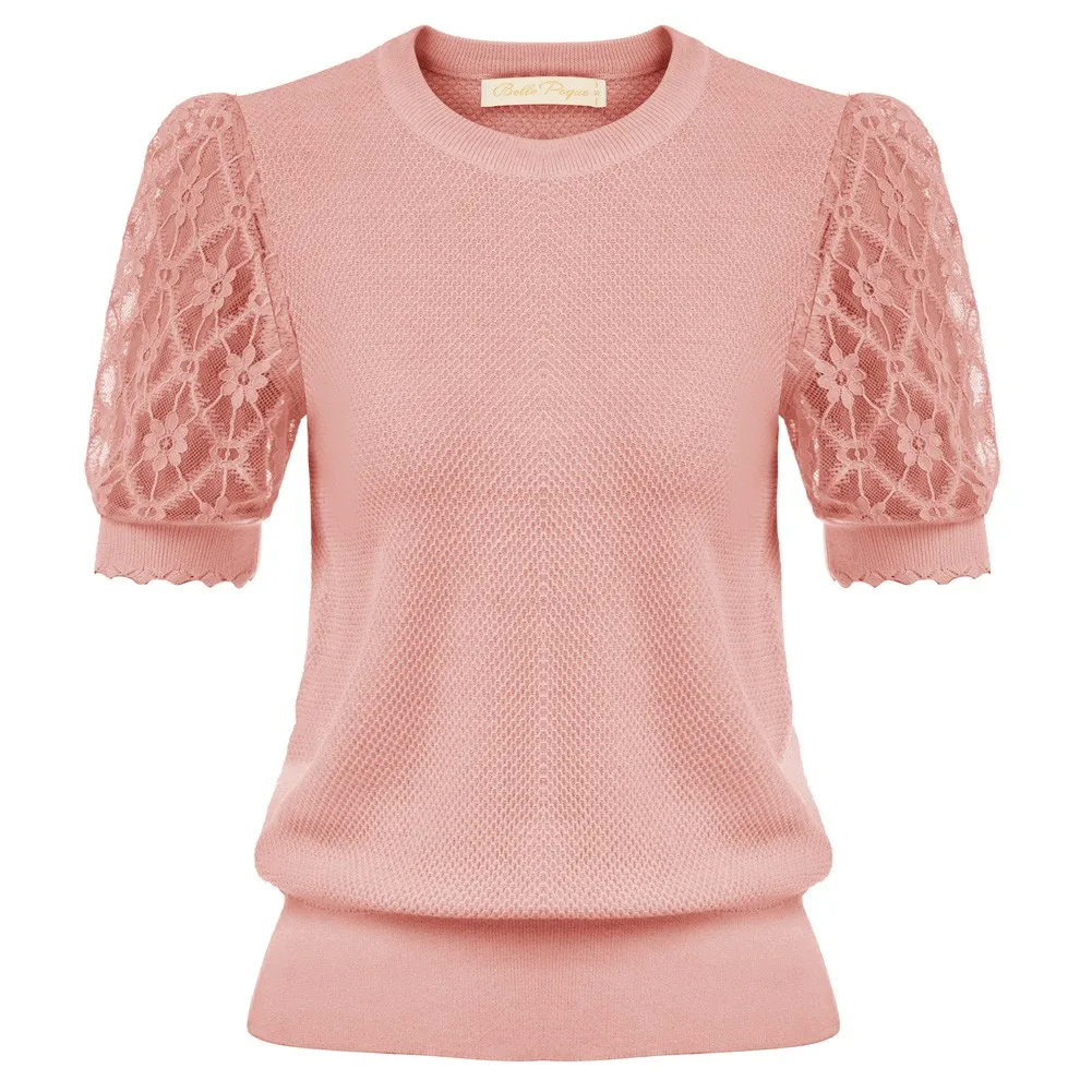 BP Women Puffed Short Sleeves Tops Lace Patchwork T-Shirt Crew Neck Wide Ribbed Hem Tops Female Lady Summer Knitted Sweater
BP Women Puffed Short Sleeves Tops Lace Patchwork T-Shirt Crew Neck Wide Ribbed Hem Tops Female Lady Summer Knitted Sweater