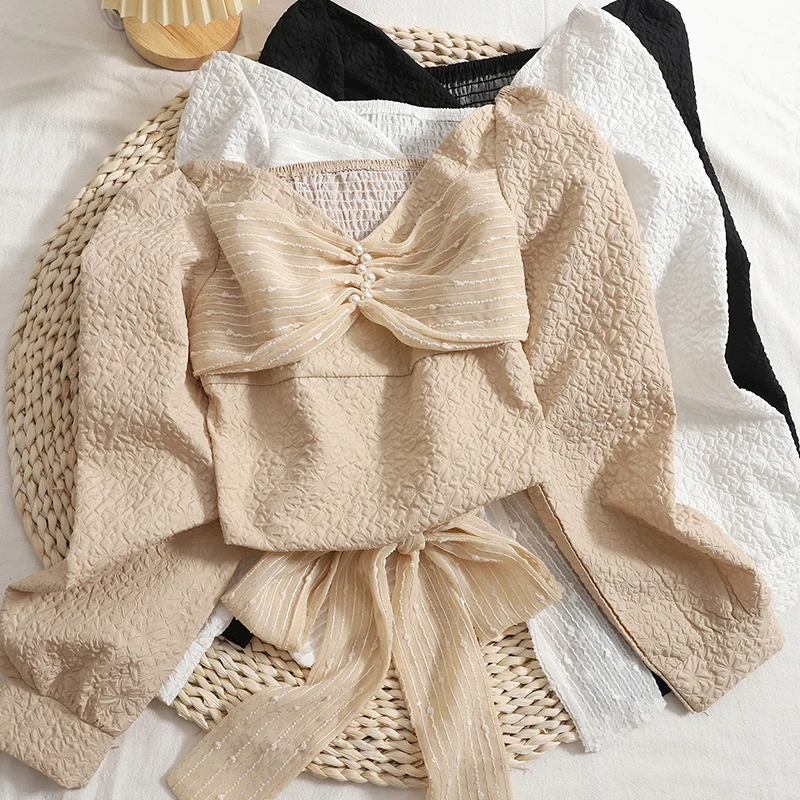 2021 Spring Fall Women Ladies Sweet Bow Patchwork Black Beige Top Blouse , Woman Slim Stretchy Pearls Beading Tops Blouses
2021 Spring Fall Women Ladies Sweet Bow Patchwork Black Beige Top Blouse , Woman Slim Stretchy Pearls Beading Tops Blouses