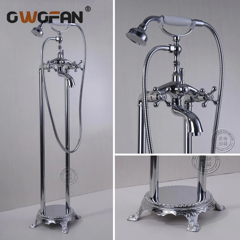 

Shower Faucets Bathroom Taps Luxury Chrome Floor Stand Bathtub Faucet Free Standing Bath Shower Mixer Set Output Crane HJ-5043