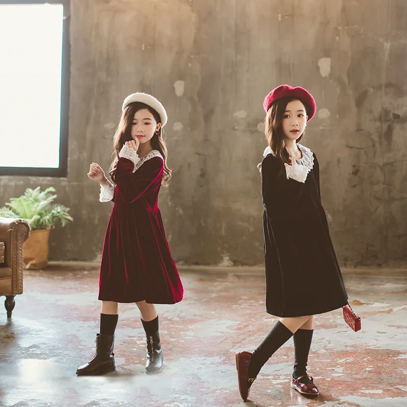 Autumn Winter Fleece Baby Dresses Spring Girls Teenager Party Dress Lace Patchwork Long Sleeve Big Kids Dress Red Black Vestidos 
Autumn Winter Fleece Baby Dresses Spring Girls Teenager Party Dress Lace Patchwork Long Sleeve Big Kids Dress Red Black Vestidos