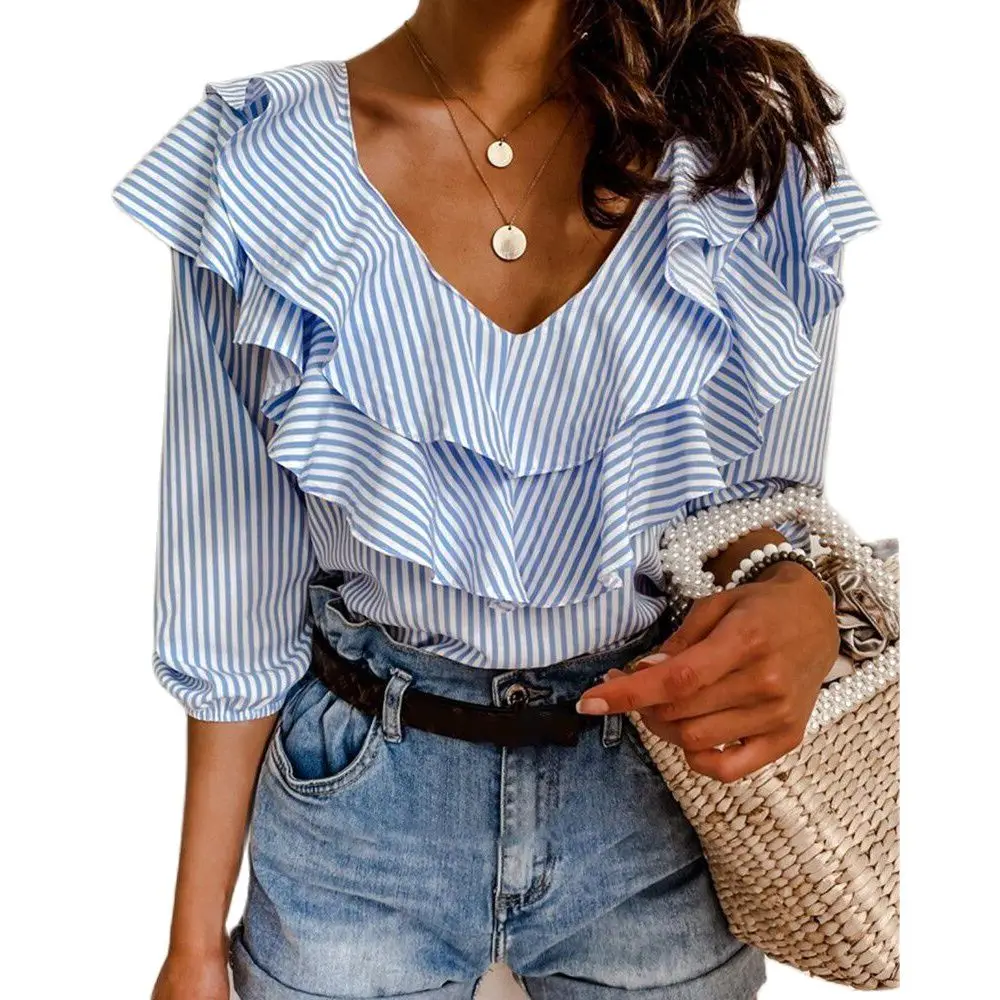 2021 Fashion Women Blue Striped Off Shoulder Blouse Shirts Female Short Sleeve Ruffle Neck Tops Summer Casual Ladies Shirt 
2021 Fashion Women Blue Striped Off Shoulder Blouse Shirts Female Short Sleeve Ruffle Neck Tops Summer Casual Ladies Shirt