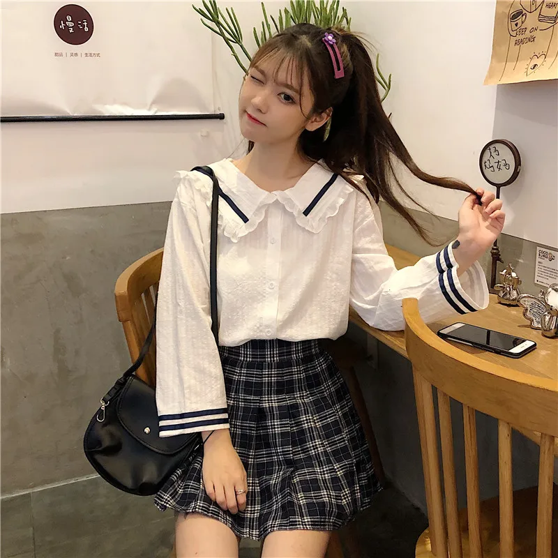 sweet sailor collar white full Harajuku style Spring and autumn high quality tops Women's Clothing temperament Shirts fashion
sweet sailor collar white full Harajuku style Spring and autumn high quality tops Women's Clothing temperament Shirts fashion