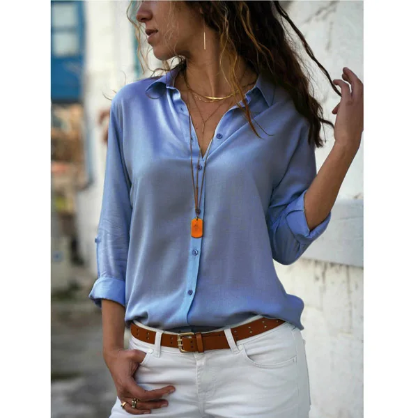 

Blusa de chiffon de moda, manga larga de verano, camisa de botón de mujer, tela de gasa