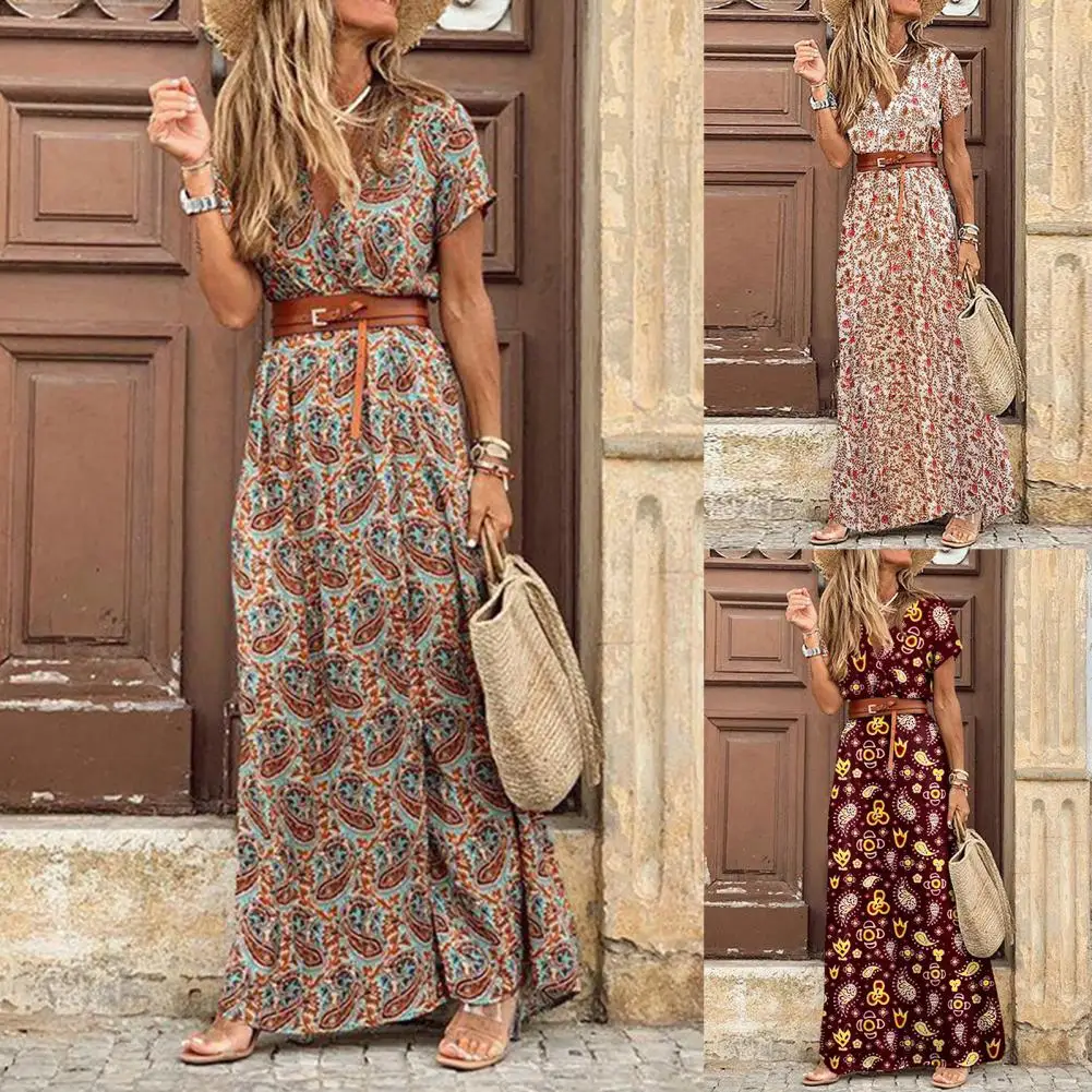 Boho Women Dress Summer Beach Bohemian Dress Paisley Print Large Hem Short Sleeve Slit Hem Maxi Dress with Belt for Work
Boho Women Dress Summer Beach Bohemian Dress Paisley Print Large Hem Short Sleeve Slit Hem Maxi Dress with Belt for Work