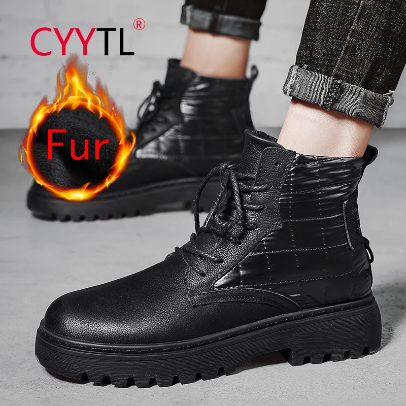 

CYYTL Fur Lining Shoes Short Casual Ankle Boots Keep Warm Combat Waterproof Dress Leather Botas Platform Outdoor Snow Booties