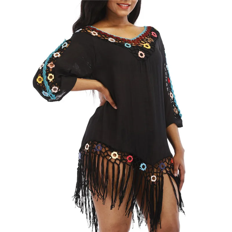 Summer Sexy Women Cover Ups Tassel Bikini Mini Beach Dress Hollow Out V-Neck Floral Printing Fringe Beach Cover-Up Swim Wear 
Summer Sexy Women Cover Ups Tassel Bikini Mini Beach Dress Hollow Out V-Neck Floral Printing Fringe Beach Cover-Up Swim Wear