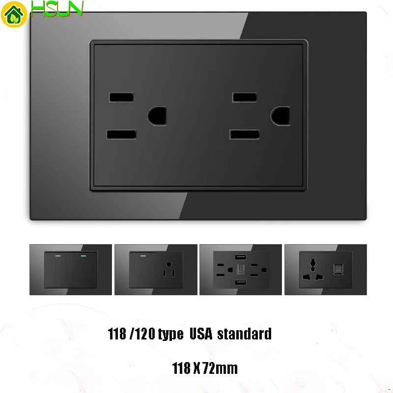 118/120 type Mexico USA AU Brazil Italy Thailand standard USB charging toughened glass switch socket black wall socket panel 16A
118/120 type Mexico USA AU Brazil Italy Thailand standard USB charging toughened glass switch socket black wall socket panel 16A