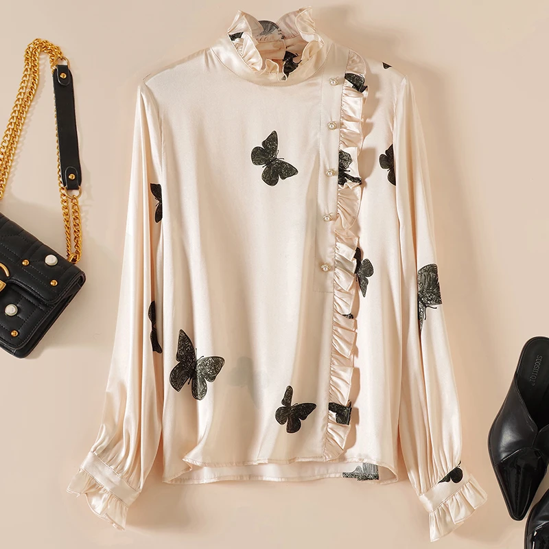 Elegant Fashion Women Print Shirt Spring Autumn Stand Collar Long Sleeve Blouses Shirts Loose Female Real Silk Satin Blouse Tops
Elegant Fashion Women Print Shirt Spring Autumn Stand Collar Long Sleeve Blouses Shirts Loose Female Real Silk Satin Blouse Tops