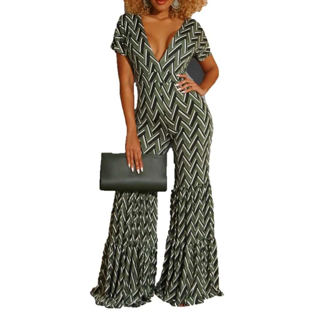 Geometric Pattern Flare Rompers Womens Jumpsuit Deep V Neck Short Sleeve One Piece Bodysuit Summer Vintage Bell Bottom Overalls
Geometric Pattern Flare Rompers Womens Jumpsuit Deep V Neck Short Sleeve One Piece Bodysuit Summer Vintage Bell Bottom Overalls