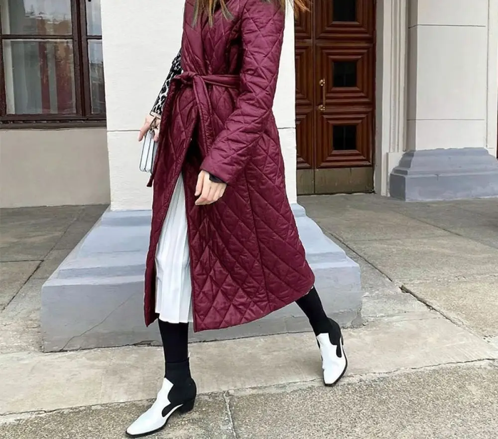 

Cotton padded long winter coat female Casual pocket sash women parkas High street tailored collar stylish overcoat 2020