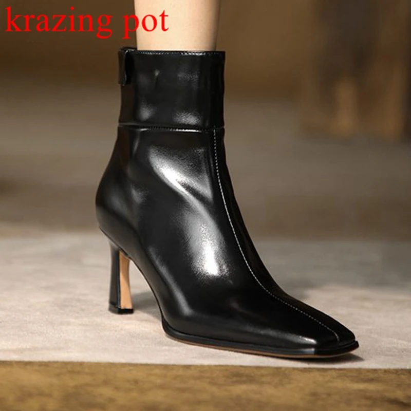

Krazing pot cow leather square toe high fashion Chelsea boots zip stiletto thin high heels concise design career ankle boots l21