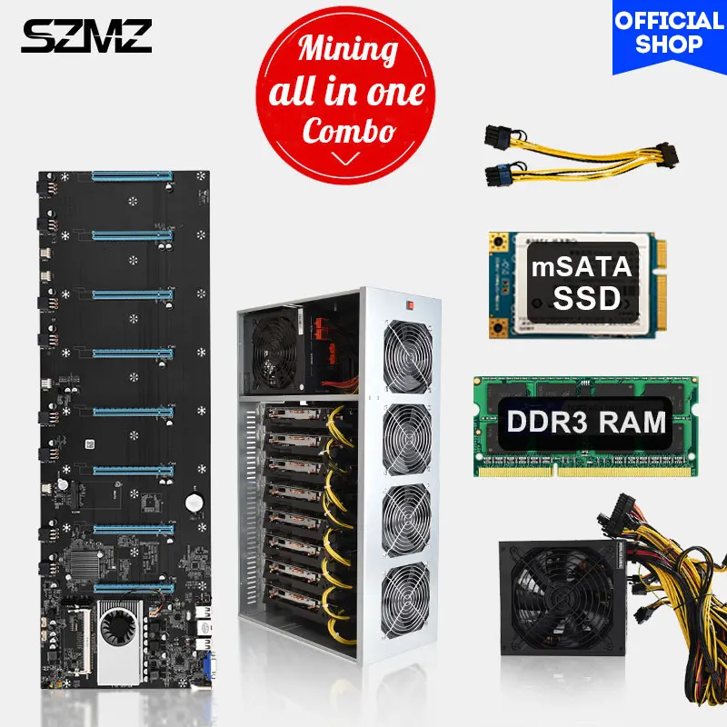 Материнская плата SZMZ 8 Gpu для майнинга, материнская плата с процессором и SSD 128 ГБ DDR3 + 8 Гб ОЗУ + шасси + блок питания, набор для майнинга 1850 Вт
Материнская плата SZMZ 8 Gpu для майнинга, материнская плата с процессором и SSD 128 ГБ DDR3 + 8 Гб ОЗУ + шасси + блок питания, набор для майнинга 1850 Вт