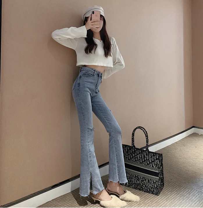 2020 spring fashion women's high waist denim jeans straight jeans side split jeans retro female long capri pants