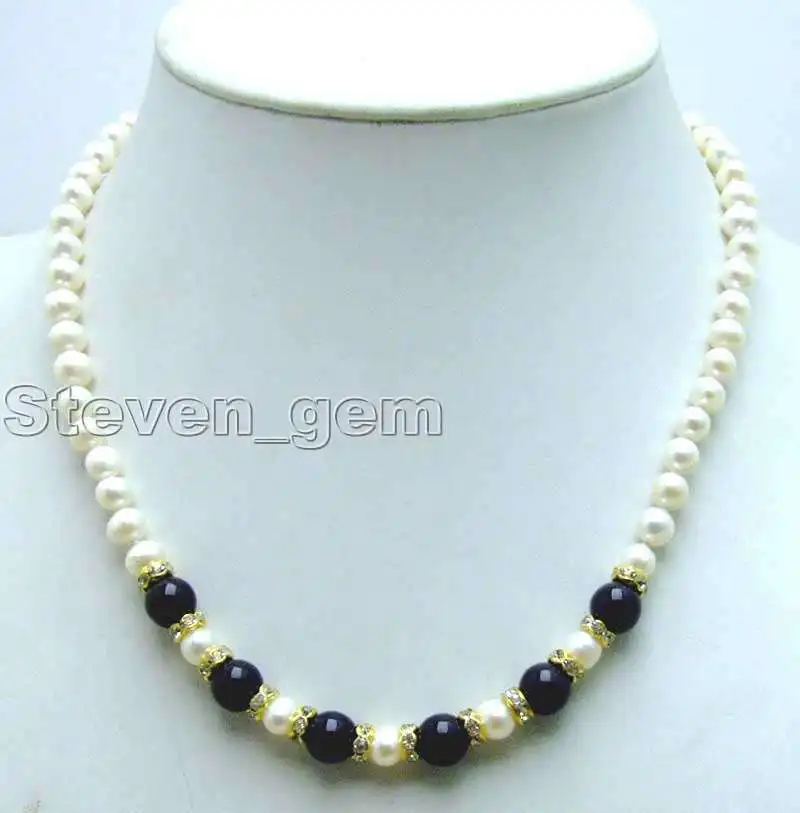 SALE 6-7mm White natural freshwater Pearl & 8mm Black agate 17" Necklace-nec5832 
SALE 6-7mm White natural freshwater Pearl & 8mm Black agate 17" Necklace-nec5832