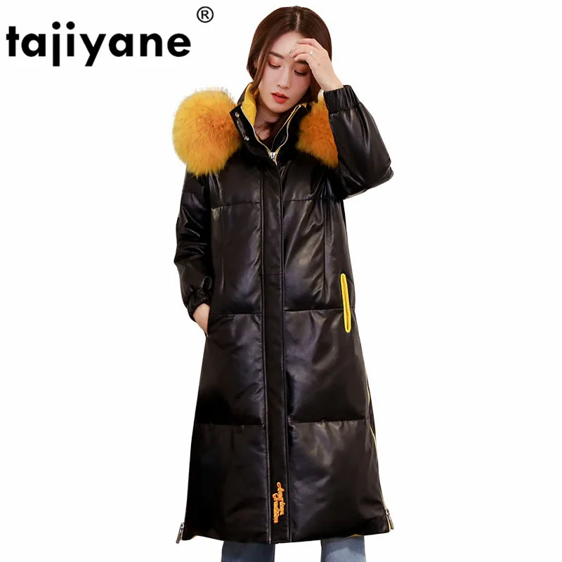 

Зимняя женская куртка из натуральной овечьей кожи, Женская куртка на утином пуху с капюшоном из натурального меха енота, 7253