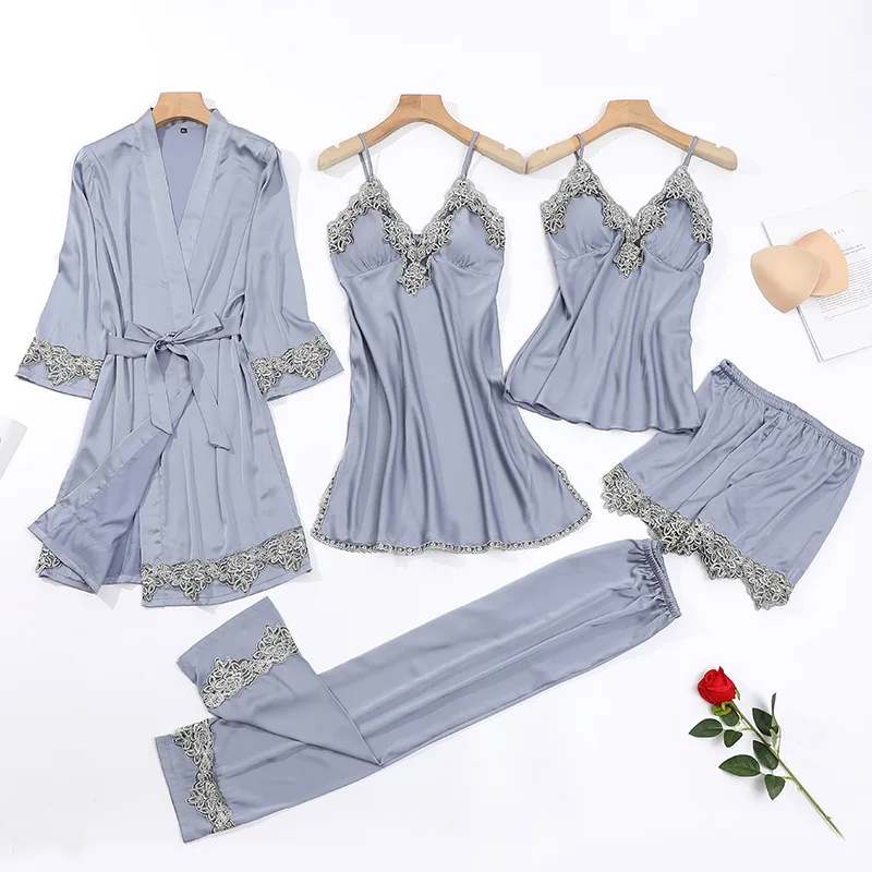 Ice silk pajamas women summer new sexy sling lace pajamas five-piece Korean long-sleeved home service with chest pad
Ice silk pajamas women summer new sexy sling lace pajamas five-piece Korean long-sleeved home service with chest pad