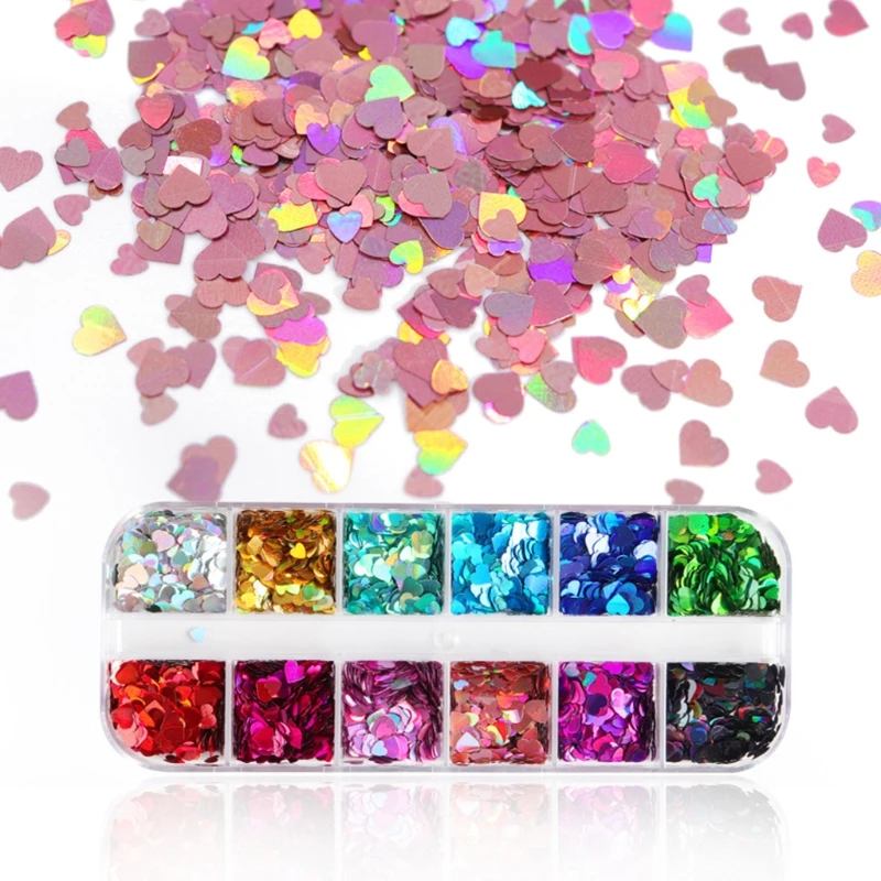 

R58E 12 Grids/Box Holographic Glitter Love Heart Shape Epoxy Resin Filling Sequins Paillette Slime Pigment Jewelry Making Nail