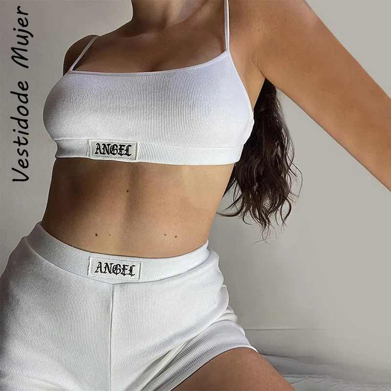 Summer Ribber Women Set White Spaghetti Strap Crop Top And Mini Shorts Embroidered Sports Two Piece Sets Sexy Outfit Party 2021
Summer Ribber Women Set White Spaghetti Strap Crop Top And Mini Shorts Embroidered Sports Two Piece Sets Sexy Outfit Party 2021