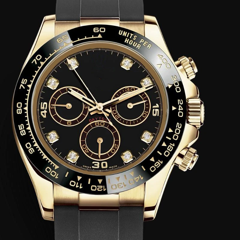 Luxury Brand New Men's Automatic Mechanical Watch 116518 Stainless Steel Ceramic Bezel Gold Diamonds Dial Black Rubber Watches
Luxury Brand New Men's Automatic Mechanical Watch 116518 Stainless Steel Ceramic Bezel Gold Diamonds Dial Black Rubber Watches
