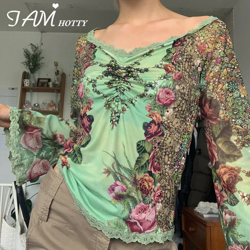 Lace Rhinestone Printed T Shirt Women Vintage Floral Print Shirt Flare Long Sleeve Tops Aesthetic Grunge Clothes Autumn Iamhotty
Lace Rhinestone Printed T Shirt Women Vintage Floral Print Shirt Flare Long Sleeve Tops Aesthetic Grunge Clothes Autumn Iamhotty