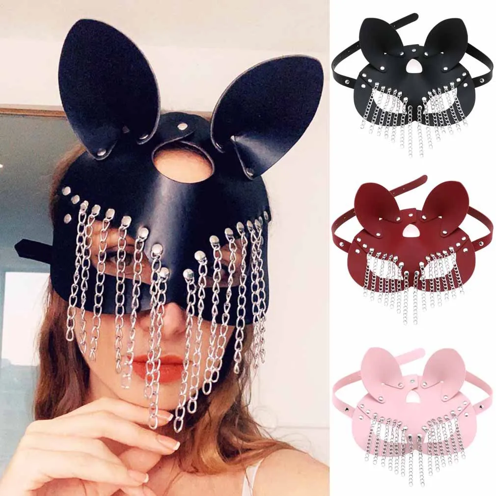 

Leather Cat Rabbit Woman Mask Masquerade Adjustable Head Half Face Catwoman Mask Cat Ears with Rivets Metal Costume Adult Toys