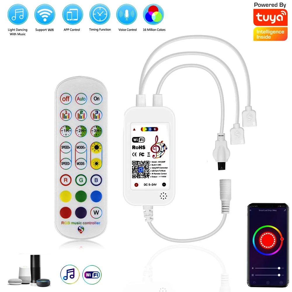 DC 5V-24V TUYA APP Wifi LED RGB Music Controller 24 Key IR Remote Control Alexa Google Home Work with 5050 2835 RGB Light Strip
DC 5V-24V TUYA APP Wifi LED RGB Music Controller 24 Key IR Remote Control Alexa Google Home Work with 5050 2835 RGB Light Strip