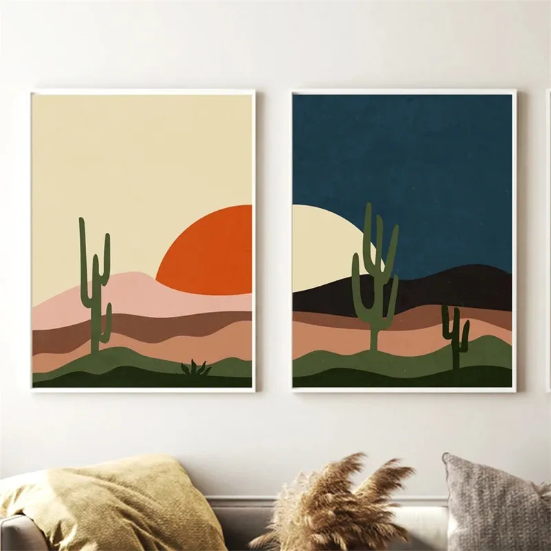 

Boho Retro Desert Canvas Painting Mid Century Modern Wall Art Sun and Moon Desert Cactus Mountain Poster Home Room Decor Picture