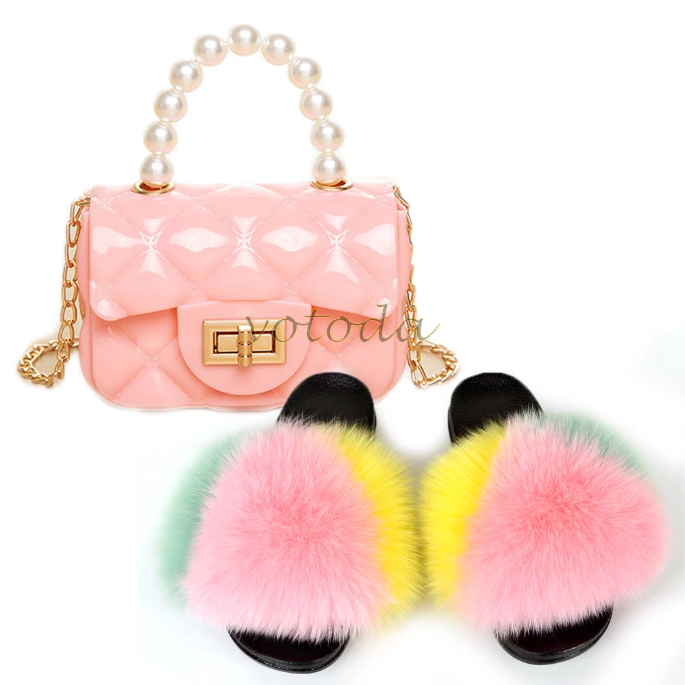 

Girls Fox Fur Slippers Fullfy Furry Fur Slides Child Rainbow Jelly Bags Pearl Chain Handbag Toddler Kids Cute Fur Shoes Bag Set