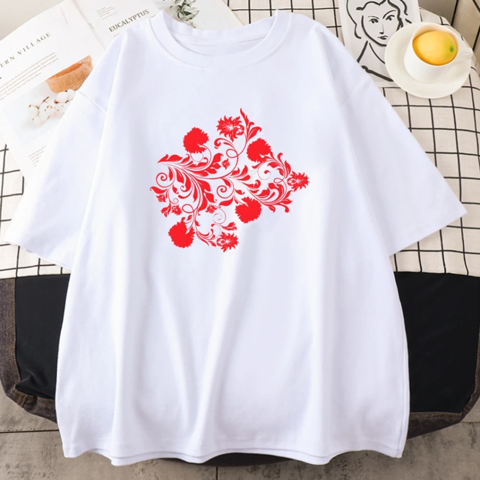 

Red Graffiti Printing Womans T-shirts Fashion Casual T-shirts Creativity Oversize T-shirt Summer Crewneck Female T-shirt