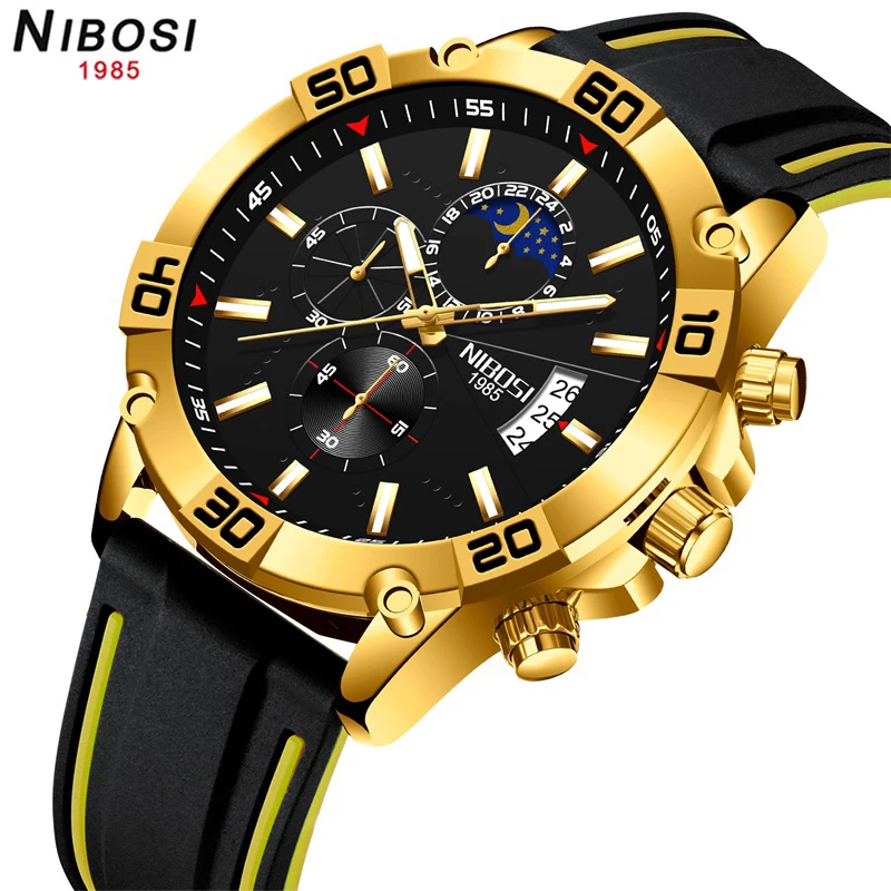 

NIBOSI 2021 Fashion Gold Men Watch Top Luxury Brand Waterproof Chronograph Luminous Quartz Clock Wristwatch Relogio Masculino