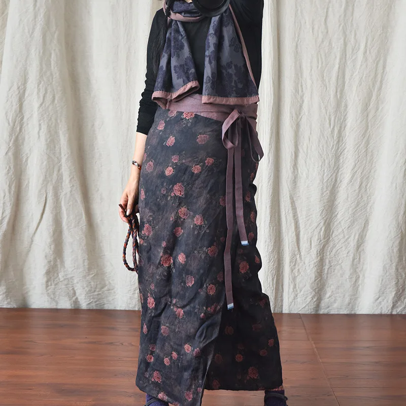 Фото Женские винтажные юбки с цветочным принтом Johnature льняные трапециевидной формы на