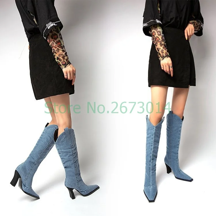 Sexy Boots Straight Satin Pumps Woman Denim Pointed Toe Knee-high Chunky Heel Slip on Boots
Sexy Boots Straight Satin Pumps Woman Denim Pointed Toe Knee-high Chunky Heel Slip on Boots