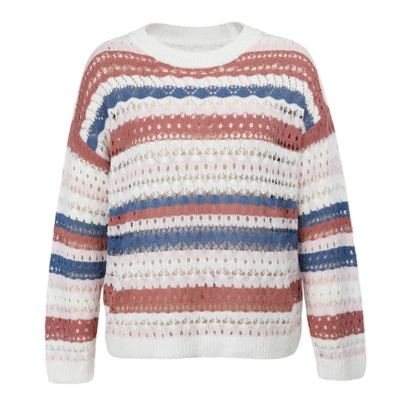 Women Knitted Pullovers Fall O-Neck Fine Yarn Thin Loose Striped Patchwork Hollow Out Pullover Sweet Women Sweater
Women Knitted Pullovers Fall O-Neck Fine Yarn Thin Loose Striped Patchwork Hollow Out Pullover Sweet Women Sweater