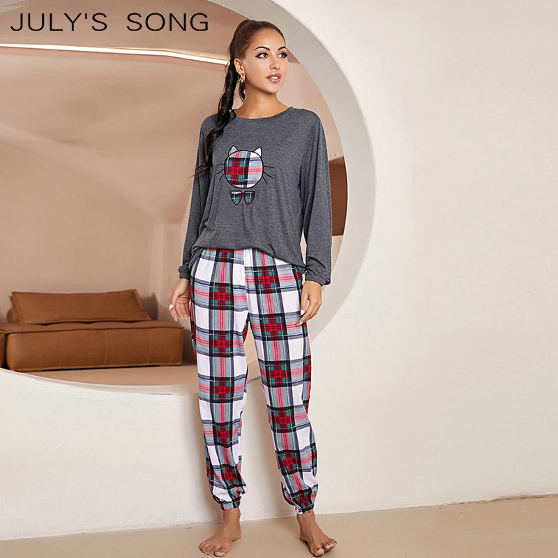 JULY'S SONG Cute Cat Print Women Pajamas Set 2 Pcs Plaid Long Sleeve Trousers Sleepwear Spring Casual Nightwear Female Homewear
JULY'S SONG Cute Cat Print Women Pajamas Set 2 Pcs Plaid Long Sleeve Trousers Sleepwear Spring Casual Nightwear Female Homewear
