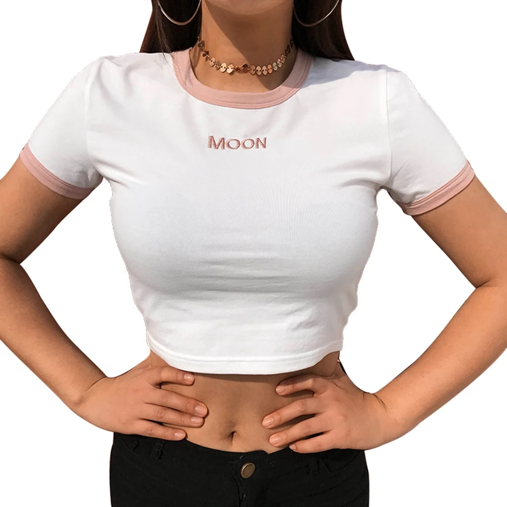 Women Fashion T-shirt Letter Embroidery Crop Top Young Girls Color Block Casual Style Garments
Women Fashion T-shirt Letter Embroidery Crop Top Young Girls Color Block Casual Style Garments