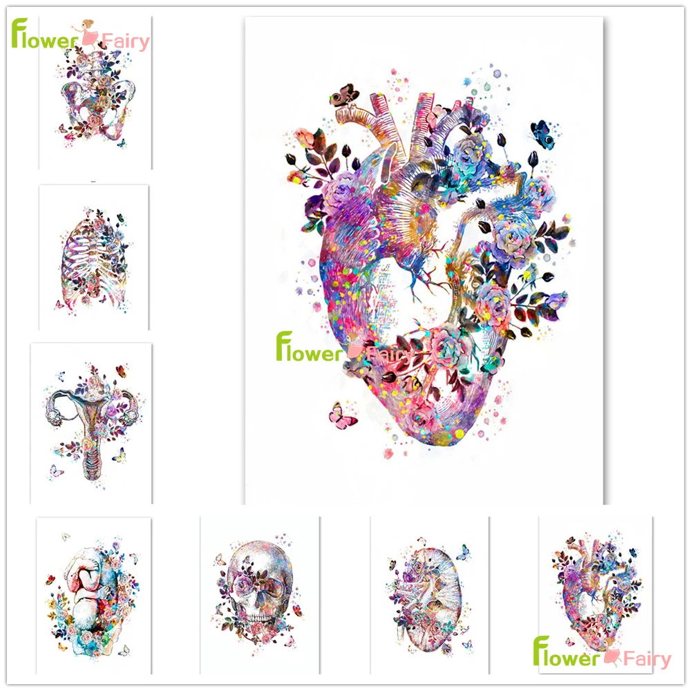 

Human Anatomy Artwork Heart Skeleton Nordic Poster Organ Flowers Wall Art Canvas Painting Wall Pictures For Living Room Unframed