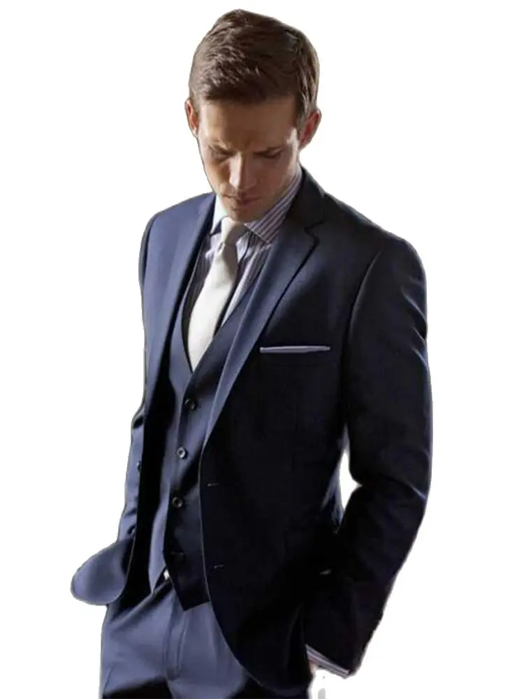 

Блейзер и брюки для жениха на заказ, смокинг темно-синего цвета с двумя пуговицами, мужские свадебные костюмы для жениха с вырезом на лацкане, Мужские костюмы (пиджак + брюки + жилет + галстук)