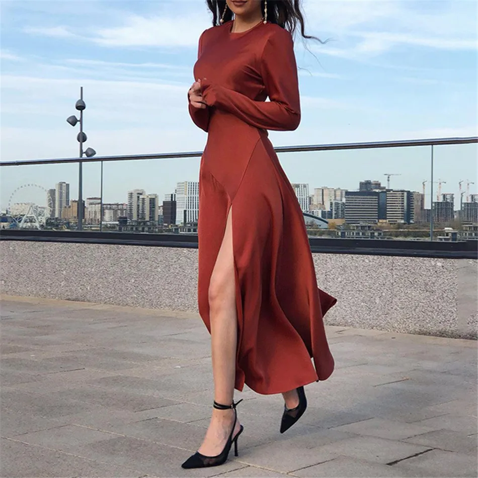 Satin A-line Long Sleeves Side Slit Maxi Women Dress Elegant O-Neck Solid Straight Dresses Female Red & Apricot Party vestidos
Satin A-line Long Sleeves Side Slit Maxi Women Dress Elegant O-Neck Solid Straight Dresses Female Red & Apricot Party vestidos