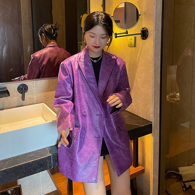 Korean Women Loose Purple Faux Pu Leather Blazers Women Spring Fall Casual Turndown Collar Long Sleeve Streetwear Female Outwear
Korean Women Loose Purple Faux Pu Leather Blazers Women Spring Fall Casual Turndown Collar Long Sleeve Streetwear Female Outwear