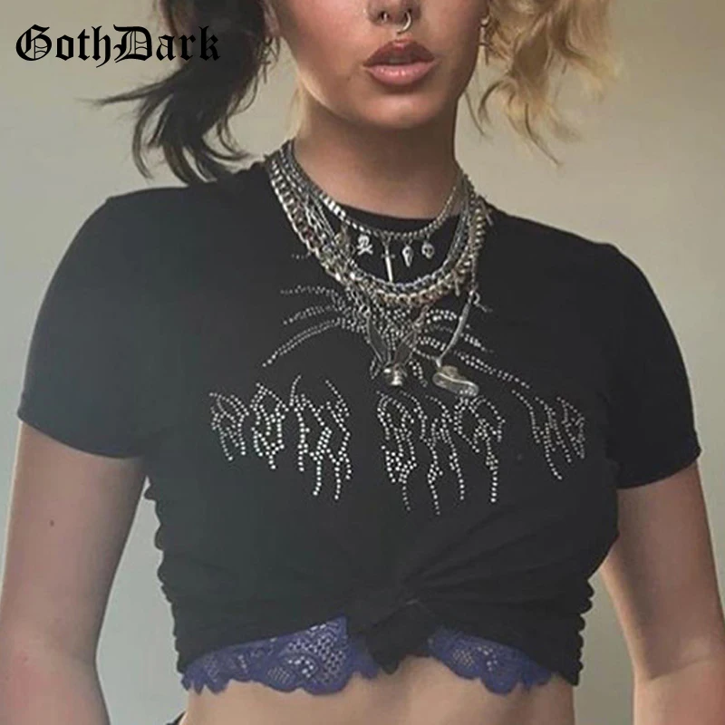 Goth Dark Rhinestone Gothic Grunge T-Shirts Mall Goth Punk Style Black Bodycon Women Crop Tops Short Sleeve Crewneck Streetwear
Goth Dark Rhinestone Gothic Grunge T-Shirts Mall Goth Punk Style Black Bodycon Women Crop Tops Short Sleeve Crewneck Streetwear