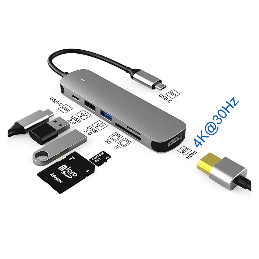 6 in 1 USB C Docking Station with 100W Power Delivery HDMI 4K@30Hz USB3.0 Fast Data Transfer SD/TF Card Reader for Type C Device
6 in 1 USB C Docking Station with 100W Power Delivery HDMI 4K@30Hz USB3.0 Fast Data Transfer SD/TF Card Reader for Type C Device