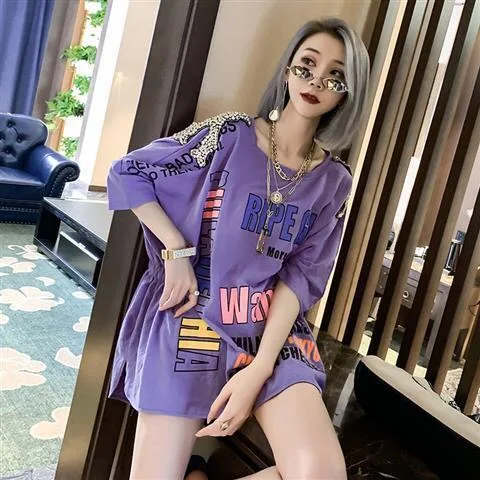 Lavender Letter Print Women T Shirt Heavy Hot Drilling Waistable Female Oversized Top Clothing
Lavender Letter Print Women T Shirt Heavy Hot Drilling Waistable Female Oversized Top Clothing