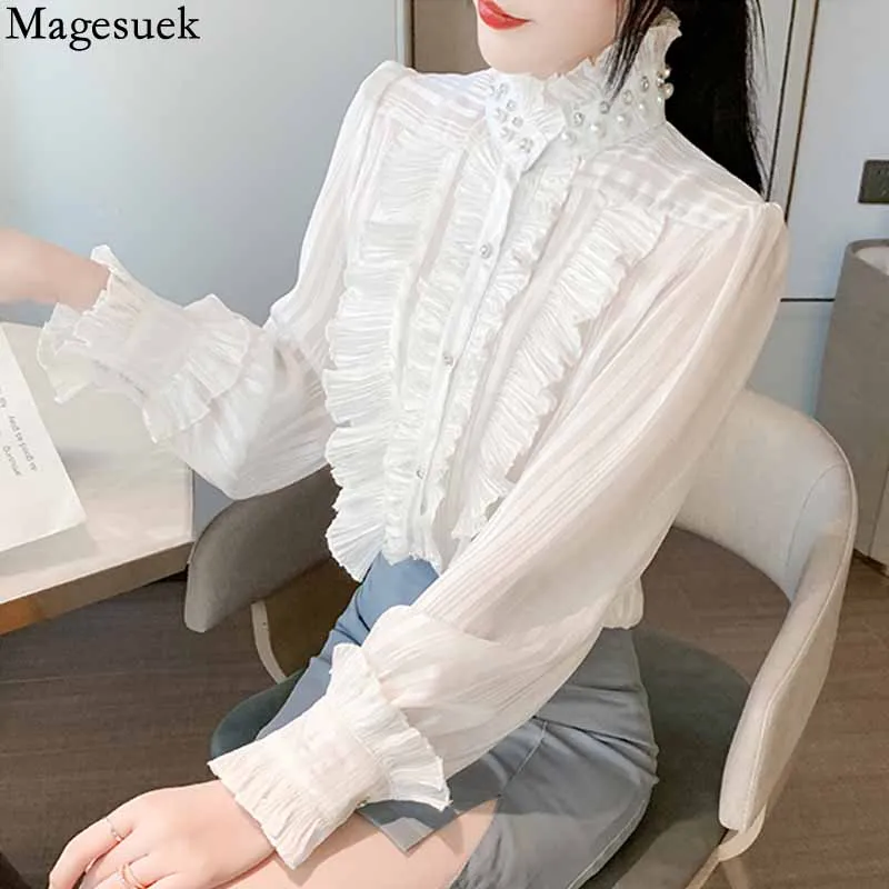 Elegant Stand Collar Ruffle Stitching Women Shirt Long Sleeve Loose Vintage Chiffon Blouse Stripe Slim White Tops Mujer 16232
Elegant Stand Collar Ruffle Stitching Women Shirt Long Sleeve Loose Vintage Chiffon Blouse Stripe Slim White Tops Mujer 16232