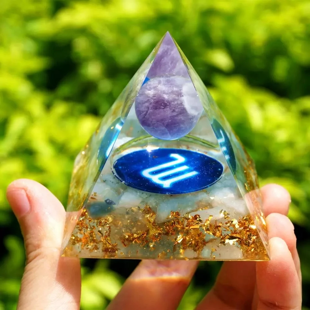 Runes SCORPIO Zodiac Style Orgone Pyramid Amethyst Sphere with Aquamarine Crystal Gemstone Orgonite EMF Protection Pyramide