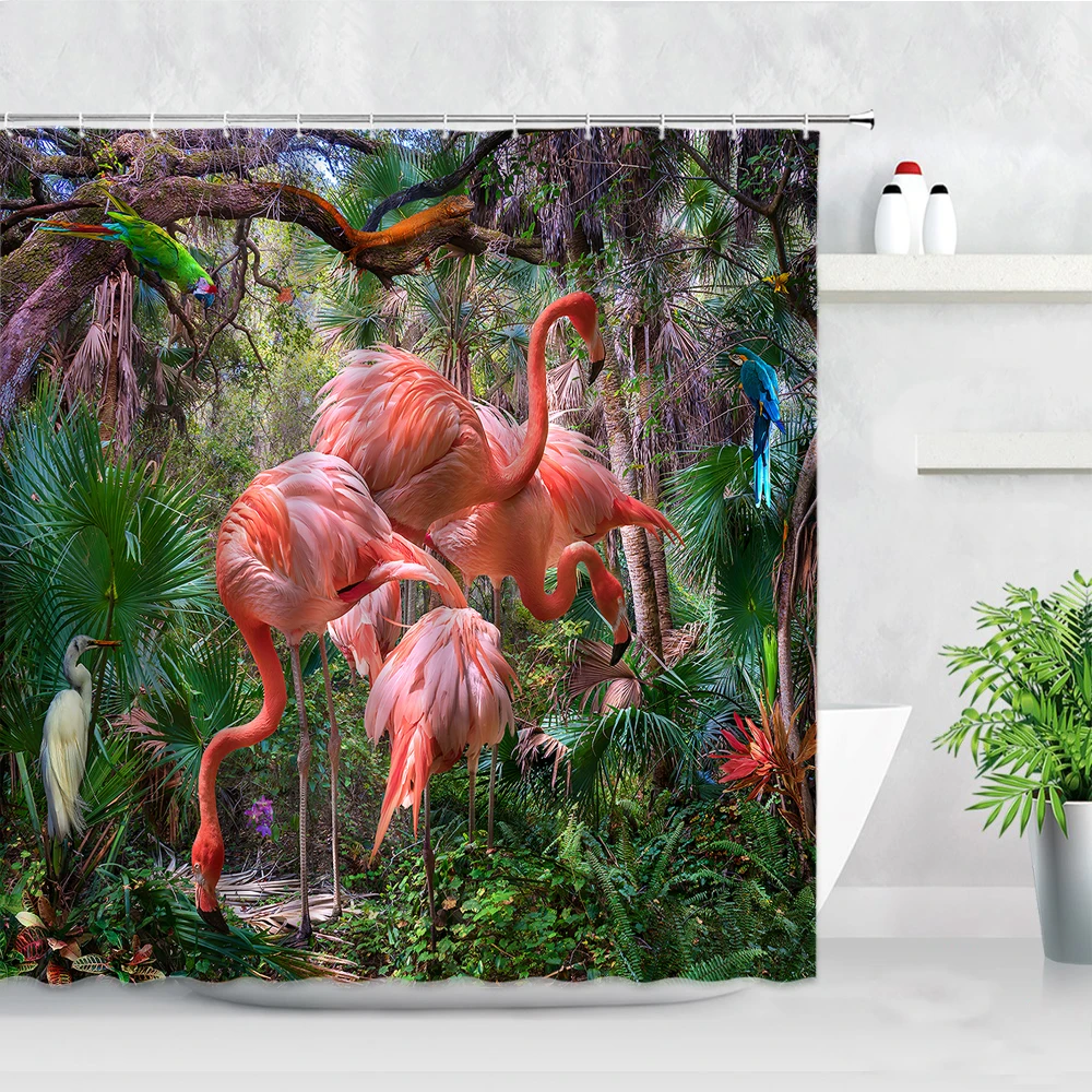 

Flamingo Shower Curtains Animals Parrot Birds Green Plant Tropical Jungle Scenery Wall Decor Bathroom Hooks Fabric Bath Curtain