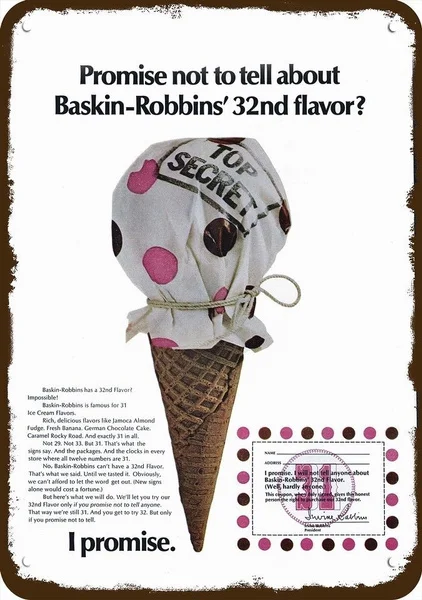 1970 Baskin-robbins Ice Cream Vintage Look Replica Metal Sign
1970 Baskin-robbins Ice Cream Vintage Look Replica Metal Sign